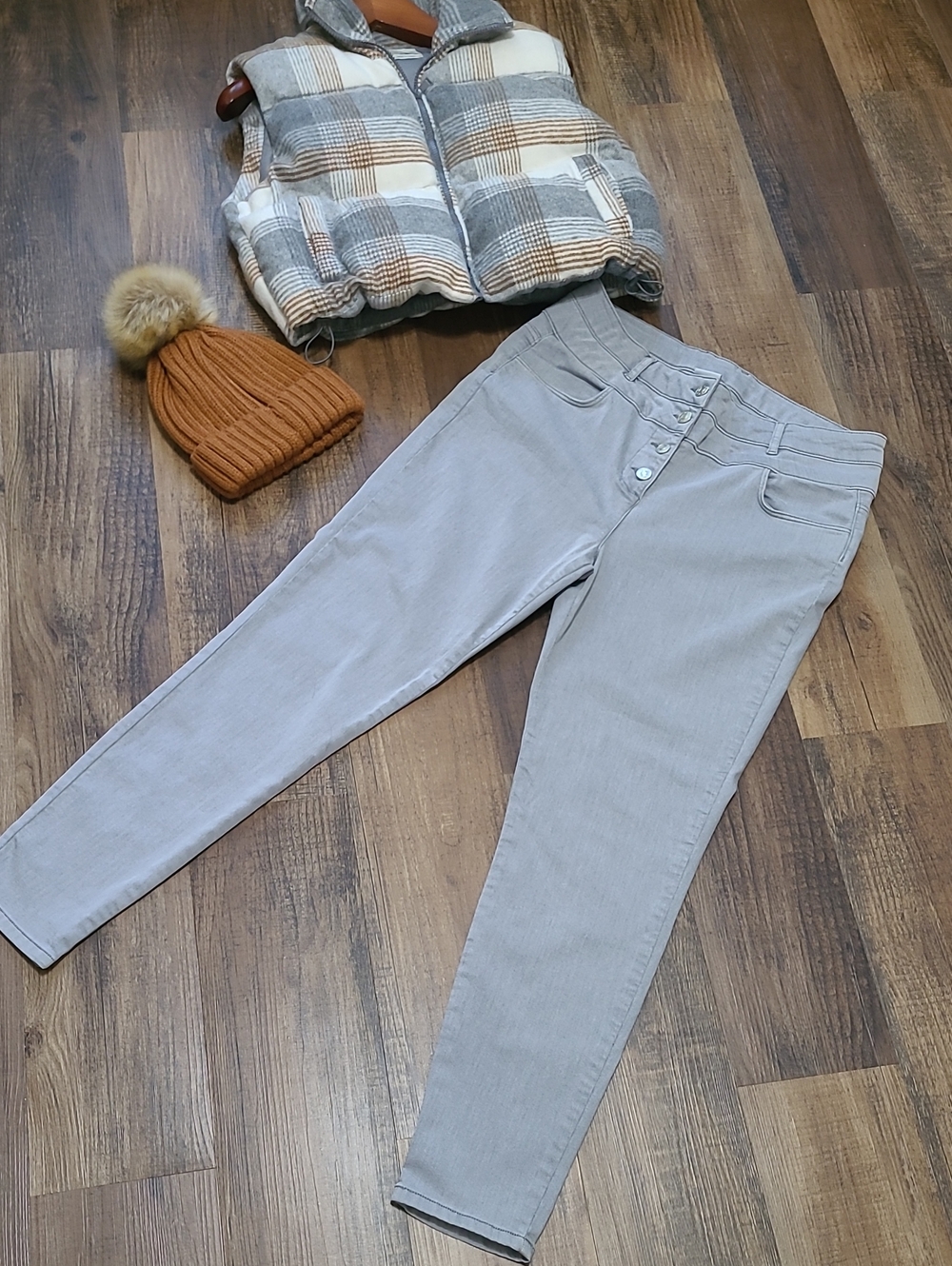 Lascana Gray High Rise Stretch Buttonfly Pants